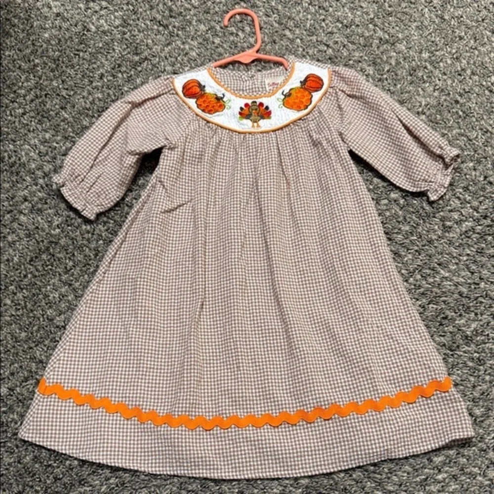 Brown Gingham Dress with Pumpkin Embroidery 2t